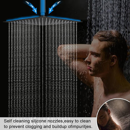 Shower Faucet Set Matte Black Dual Shower Head System | Ceiling Mounted, 12+8 inch Shower Head and Handle Set, Temperature Visualization