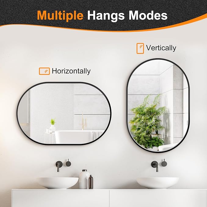 30x20 Black Oval Bathroom Mirror for Over Sink, Aluminum Frame | HD Reflection No Distortion, Aluminum Frame, Mounting Hardware for Vertical or Horizontal Mount
