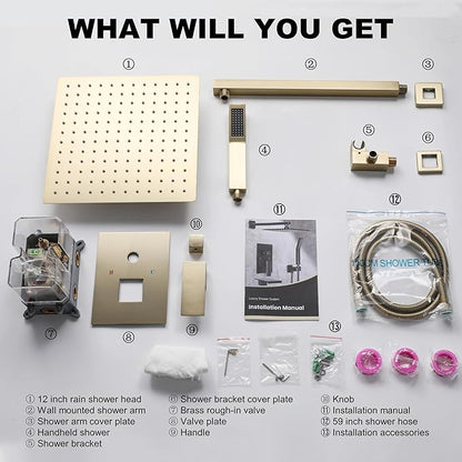 Shower Faucet Set, Shower System with 12 Inch Rain Showerhead and Handheld Shower, Wall Mounted High-Pressure Showerhead Combo Set Included Valve and Trim, Brushed Gold