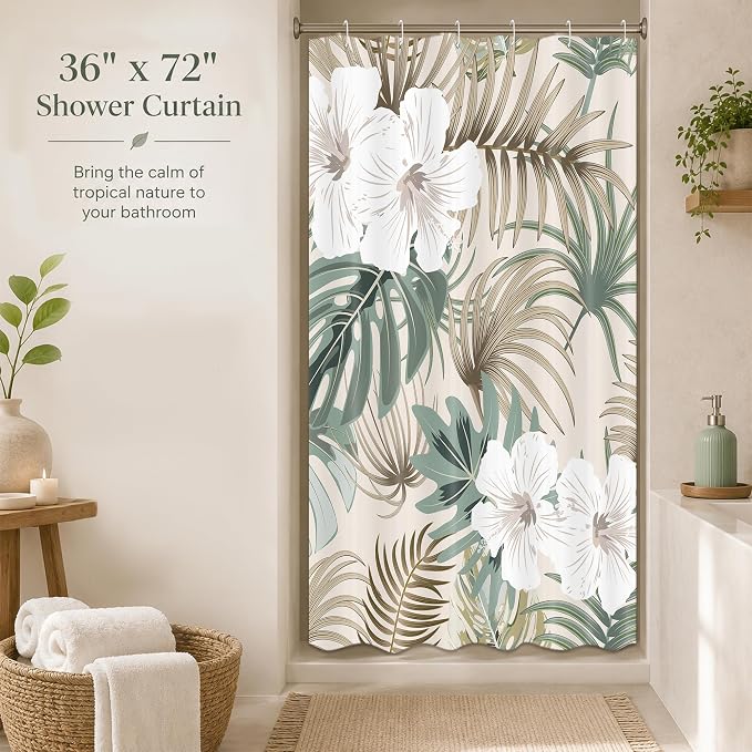 Tropical Shower Curtain for Bathroom, Green Palm Tree Flower Plant Boho Leaf Banana Monstera Sage Beige Shower Curtains Set, Fabric Bathroom Accessories with Hooks 36x72 Inch