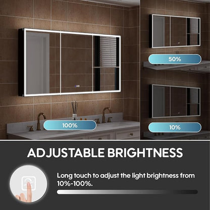 60" X 30" LED Mirrored Medicine Cabinet, Medicine Cabinets with Lights for Bathroom, Defogging Function Mirror Cabinet, Bathroom Medicine Cabinet with USB Port & Outlet, Three Opening Doors