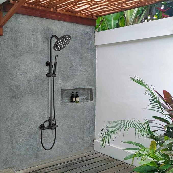 gotonovo 304 Stainless Steel Outdoor Shower Fixtures Exposed,Matte Black | 8 Inch Rain Showerhead with Handheld Sprayer Outdoor Outside Shower Kit System Faucet Head Valve Wall Mount for Pool Backyard