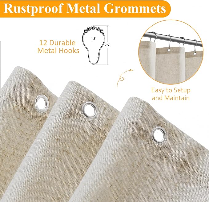 Extra Long Linen Shower Curtain 96 Inch Long for Bathroom Boho Farmhouse Fabric Shower Curtains Set with Hooks Neutral Cloth Modern Cottage Core Waterproof,Vanilla