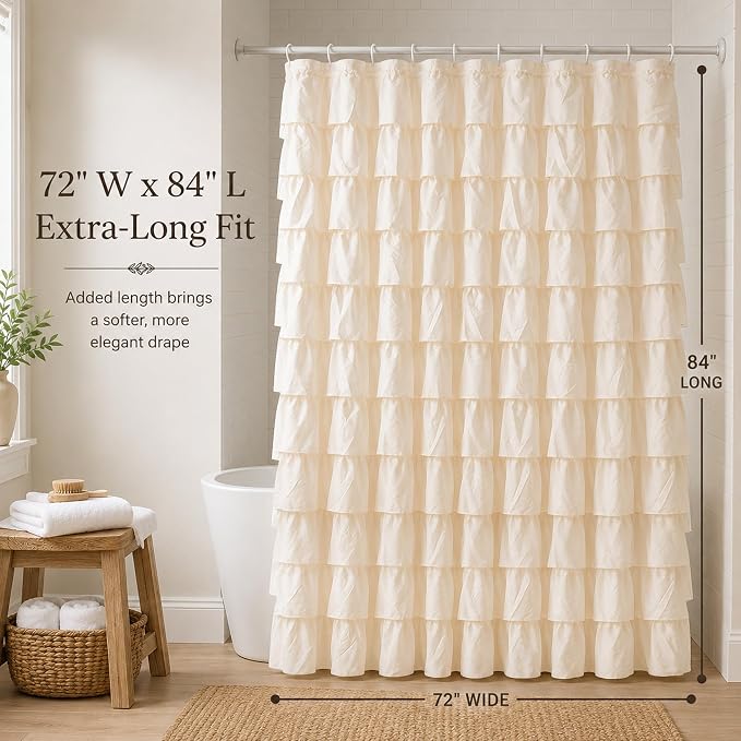 Beige Ruffle Shower Curtain for Bathroom, 72x84 inch, Elegant Ruffled Panel | Ruched Fabric Texture, Cascading Waterfall Ruffles, Extra-Long 72 X 84, 12 Hooks Included, Machine Washable, Opaque Rustic
