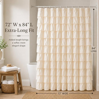 Beige Ruffle Shower Curtain for Bathroom, 72x84 inch, Elegant Ruffled Panel | Ruched Fabric Texture, Cascading Waterfall Ruffles, Extra-Long 72 X 84, 12 Hooks Included, Machine Washable, Opaque Rustic