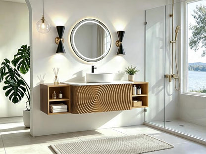 60" Floating Bathroom Vanity with Sink, Mid-Century Wall Mounted Bathroom Vanity Cabinet with Wood Waved Decor,Ceramic Vessel Basin and Sintered Stone Top, Soft Close Drawer, 2 Side Open Cube