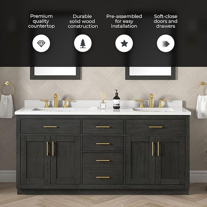 OVE Decors Bailey 72 in. Double Sink Freestanding Matte Black Wood Bathroom Vanity with White Quartz Top, Matching Backsplash and Power Bar