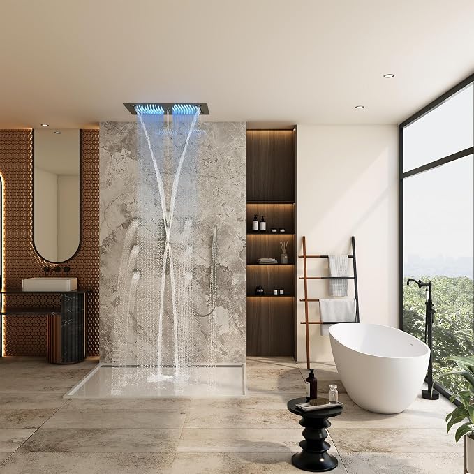 CASAINC 27x16 Inch Thermostatic Shower System Luxury 6 Functions Full Body Shower System with Sliding Rod 2 in 1 Handheld, LED & Music (Brushed Nickel)