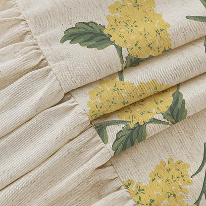 ORTIGIA Linen Textured Ruffle Shower Curtain with Metal Hooks, Vintage Yellow Hydrangea Floral Boho Waterproof Bath Curtain for Rustic Farmhouse Bathroom Decor 72x72 Inch