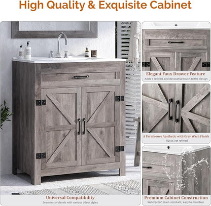 VINGLI 30" Farmhouse Bathroom Vanity with Sink, Undermount Vanity Sink Cabinet with Barn Door &Shelf,Free Standing Small Bathroom Storage Cabinet with 3 Holes Ceramic Basin Combo Set,Washed Gray