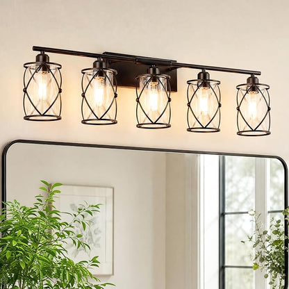 5-Light Oil Rubbed Bronze Bathroom Light Fixtures Over Mirror, 38" UL-Listed Modern Farmhouse Wall Sconce Lights with Clear Glass and Metal Cage for Bath, Hardwire E26, CH9176ORB-5W