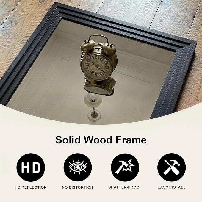 Farmhouse Rustic Wood Framed Bathroom Vanity Mirror for Wall, 26x38, Black | Recessed Stepped Solid Wood Frame, HD Shatterproof Glass, Vertical/Horizontal Mount, for Bathroom Sink, Living Room, Entryway
