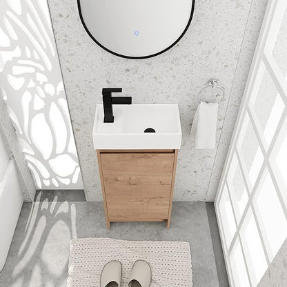 16" Bathroom Vanity with Sink & Storage, Freestanding Vanity Cabinet for Small Bathrooms, Modern 1-Door Floor-Mounted Design, Bathroom Sink Combo Furniture (Light Brown)