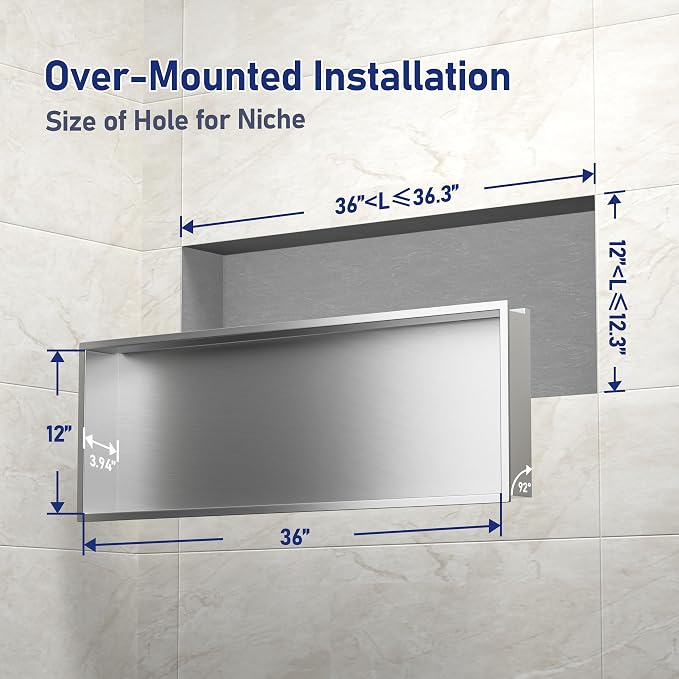 Stainless Led Shower Niche 36"x12" Brushed RGB Light No Tile Needed | 304 stainless steel shower niche,recessed dimmable niche shower,Led driver & remote control included,dropped in niche