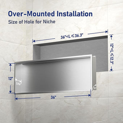 Stainless Led Shower Niche 36"x12" Brushed RGB Light No Tile Needed | 304 stainless steel shower niche,recessed dimmable niche shower,Led driver & remote control included,dropped in niche
