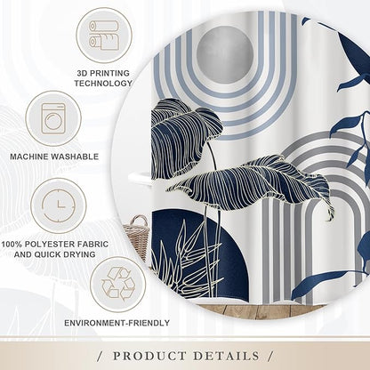 Glawry Mid Century Abstract Shower Curtain Blue Grey Boho Palm Tree Leaf Sun Arch Minimalist Geometric Bathroom Modern Aesthetic 60Wx72L Inches Bath Accessories Art Home Decor Fabric 12 Pack Hook