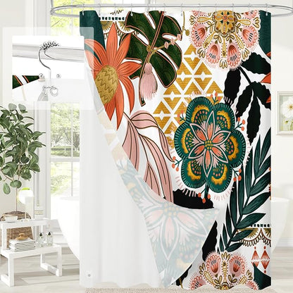 3 in 1 Pink Floral Shower Curtain Set with PEVA Liner & 12 Hooks, 72 x 72 | Boho Tropical Botanical Style, Farmhouse Floral Fabric, Modern Hotel Inspired, Water‑Repellent, Machine Washable