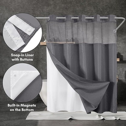 Americanflat 72x75 Hookless Waffle Pattern Shower Curtain - Water-Resistant Long Shower Curtain with Sheer Panel, Snap-in Liner, and Durable Grommets - 100% Polyester - Dark Grey