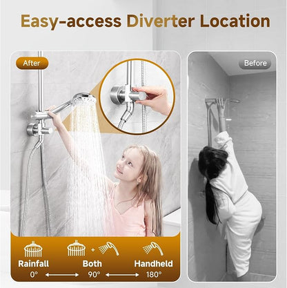 BRIGHT SHOWERS Rain Shower Heads System Including 9 Inch Rainfall Shower Head and Handheld Shower Head with Height Adjustable Holder, Solid Brass Rail and 60" Long Stainless Steel Shower Hose, Chrome
