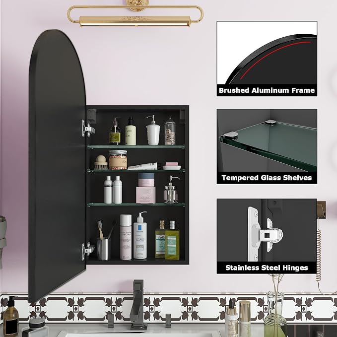 FKWin Bathroom Cabinet with Mirror, Surface Mount Arched Design, 16x30 Inch | Medicine Cabinet Mirror, Reversible Door, Space-Saving Storage, Elegant Arched Design, Black