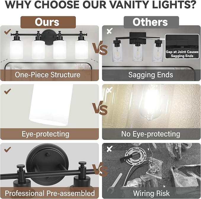 4 Light Bathroom Vanity Light Fixture Over Mirror, Black, 23'' | Vanity Lights for Bathroom, Bedroom, Living Room, White Frosted Glass Shades, Modern, E26(Bulbs Not Included)