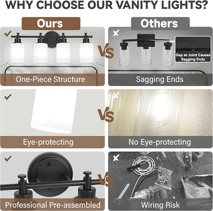 4 Light Bathroom Vanity Light Fixture Over Mirror, Black, 23'' | Vanity Lights for Bathroom, Bedroom, Living Room, White Frosted Glass Shades, Modern, E26(Bulbs Not Included)