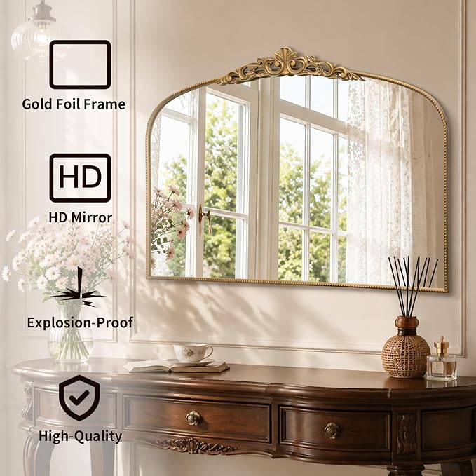 Micasso Oversized Gold Arched Mirror: 55"x36" Baroque Vintage Wall Mirror | French Antique Traditional Ornate Decorative for Entryway/Bedroom/Bathroom/Hallway/Fireplace - Home Decor for Living Room