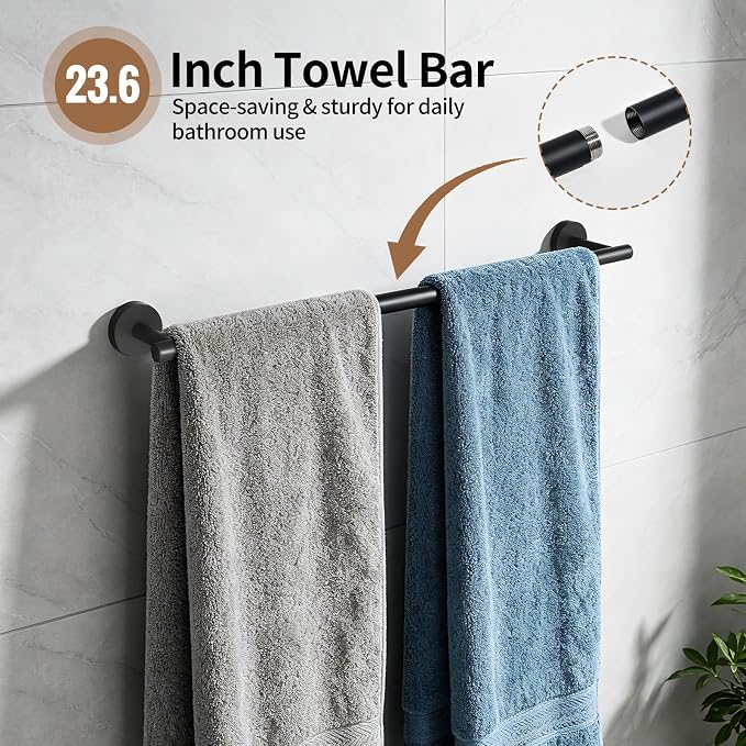Wall Mounted Matte Black Bathroom Hardware Accessories Set, 5 Piece Complete Kit Including 23.6 Inch Towel Bar, Toilet Paper Holder, Towel Ring and Robe Hooks