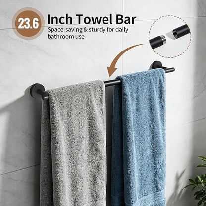 Wall Mounted Matte Black Bathroom Hardware Accessories Set, 5 Piece Complete Kit Including 23.6 Inch Towel Bar, Toilet Paper Holder, Towel Ring and Robe Hooks
