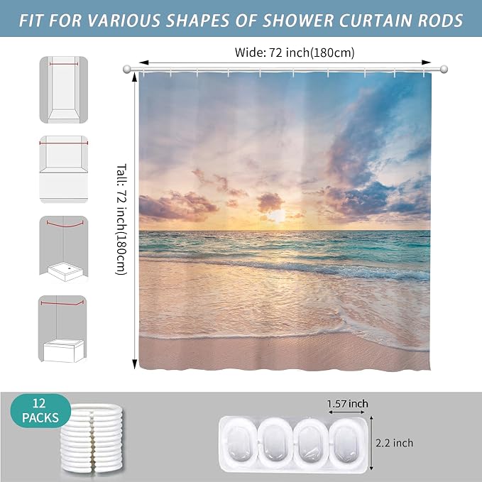 Ocean Beach Coastal Sea Scene Shower Curtain for Bathroom 72W*72H Inch Seaside Nautical Summer Sunset Sunrise Beachy Bathtub Decor Waves Seacoast Hawaiian Aesthetic Waterproof Polyester Fabric