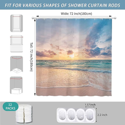 Ocean Beach Coastal Sea Scene Shower Curtain for Bathroom 72W*72H Inch Seaside Nautical Summer Sunset Sunrise Beachy Bathtub Decor Waves Seacoast Hawaiian Aesthetic Waterproof Polyester Fabric