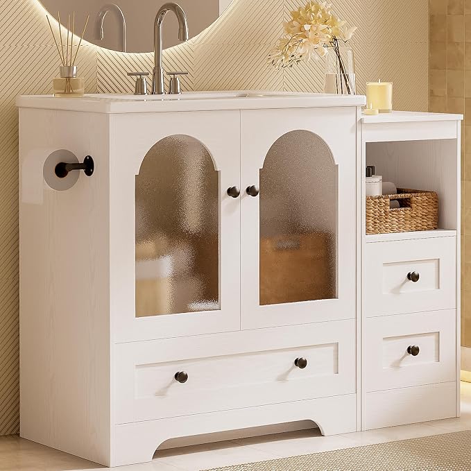 IRONCK 42 Inch Bathroom Vanity with Sink Set, Reversible Design, White | Modern Bathroom Storage Cabinet with 3 Drawers, 2 Visual Soft Close Doors, Open Cubby, Towel Holder