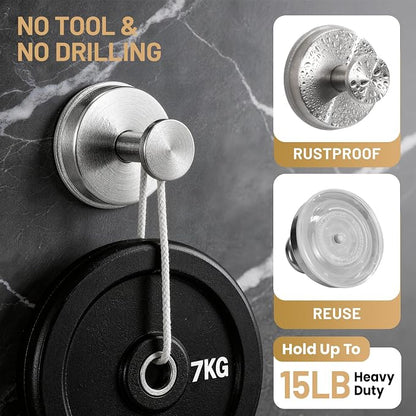 Large Suction Cup Hooks, Heavy Duty 15lb Holds Towel & Robe, No-Drill Shower Bathroom Hooks for Tile Wall Glass Mirror, Mounts on Smooth Non-Porous Surfaces (2 Pack, Brushed Nickel)