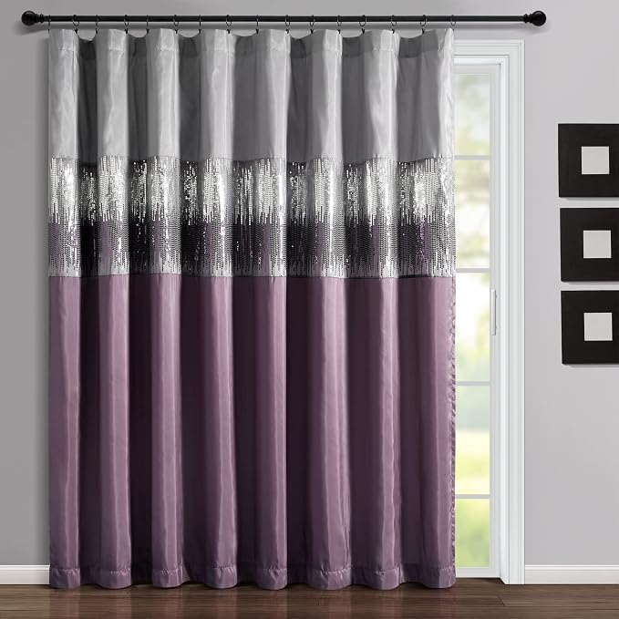 Lush Decor Night Sky Window Curtain Panel, Single 100"W x 84"L Purple & Gray - Sequin Backdrop Curtain - Extra Wide Curtains - Sliding Door Curtain