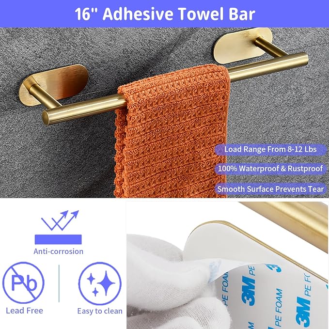 Bathroom Hardware Set, 16" Bathroom Towel Holder with Toilet Paper Holder, Towel Ring, Towel Hook, Bathroom Accessories for Kitchens, Laundry Rooms (10, Gold)