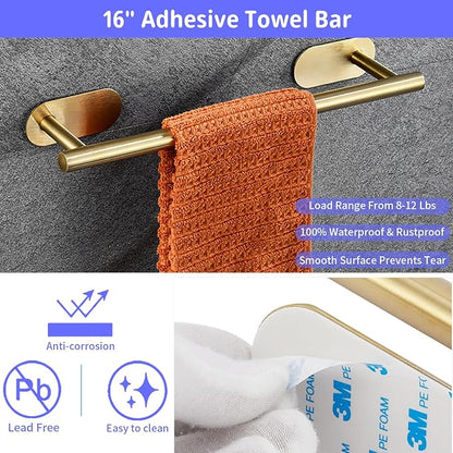 Bathroom Hardware Set, 16" Bathroom Towel Holder with Toilet Paper Holder, Towel Ring, Towel Hook, Bathroom Accessories for Kitchens, Laundry Rooms (10, Gold)