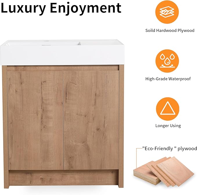 30 Inch Bathroom Vanity with Sink, Modern Bathroom Vanity Set, Brown Vanity, Soft-Closing Door and Thick Edge Resin Basin - 30" (IMO, 30inch-Left)