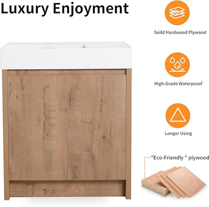 30 Inch Bathroom Vanity with Sink, Modern Bathroom Vanity Set, Brown Vanity, Soft-Closing Door and Thick Edge Resin Basin - 30" (IMO, 30inch-Left)