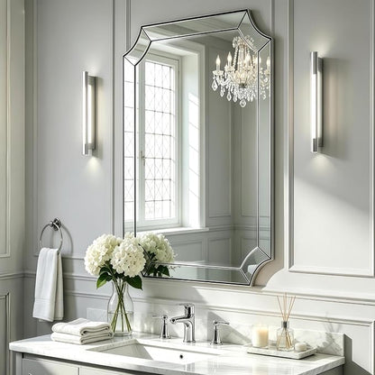 Chrome Bathroom Mirror, 24x36 Inch Polished Chrome Rectangle Mirror, Silver Vanity Mirror for Bathroom with Unique Scalloped Design, Ideal for Home Decor, Rust-Proof SUS304 Frame