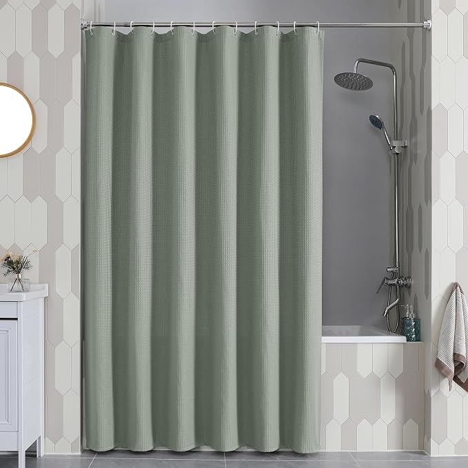 Long Fabric Shower Curtain Set, Waffle Textured Shower Curtain for Bathroom - Weight 230GSM Heavy Duty Hotel Spa Luxury Bath Curtain Set with 12 Plastic Hooks, 72x78, Sage Green