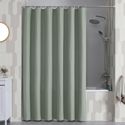 Long Fabric Shower Curtain Set, Waffle Textured Shower Curtain for Bathroom - Weight 230GSM Heavy Duty Hotel Spa Luxury Bath Curtain Set with 12 Plastic Hooks, 72x78, Sage Green