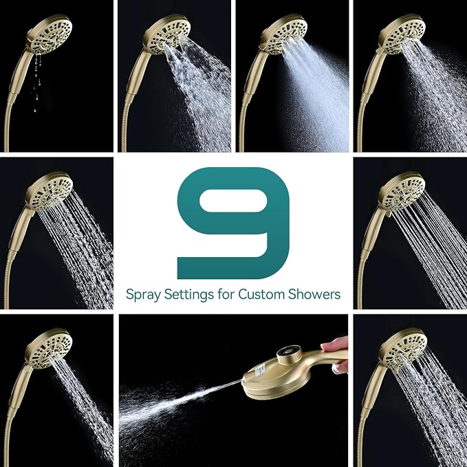 Foldable Rainfall Shower Head 9 Spray Settings/Modes Handheld Showerheads | High Pressure Shower Heads with Handheld Spray Combo, Built-in Magnetic Docking, Power Jets, Stainless Steel Shower Hose