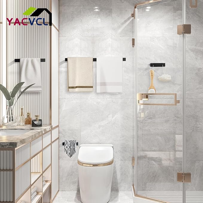 YACVCL 4-Piece Matte Black Bathroom Hardware Accessories Set, Bath Towel Bar Set SUS304 Stainless Steel, Round Towel Racks for Bathroom Wall Mounted