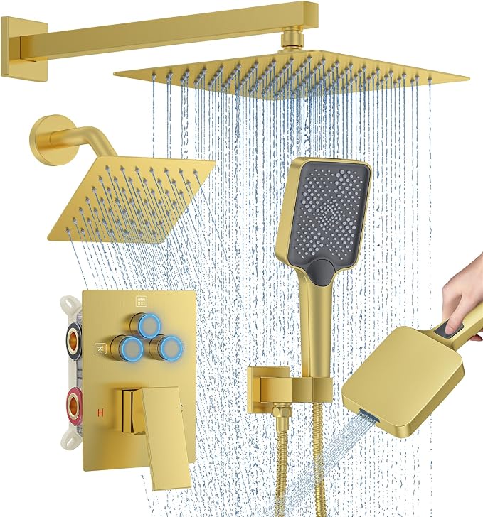 Woindo Shower Faucet Set, 10" Wall Mount Rainfall Shower System with 2 Rain Shower Head and Multi-function Handheld Head Push Button Diverter Shower Faucet Trim Kit