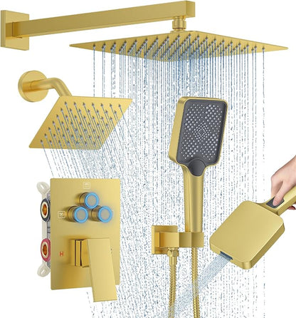 Woindo Shower Faucet Set, 10" Wall Mount Rainfall Shower System with 2 Rain Shower Head and Multi-function Handheld Head Push Button Diverter Shower Faucet Trim Kit