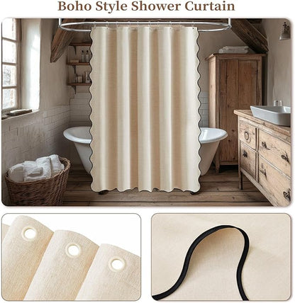 BTTN Stall Shower Curtain, 60×72 Boho Scalloped Linen Textured Heavy Duty Fabric Shower Curtain Set with 10 Hooks, Narrow Bohemian Vintage Waterproof Cloth Shower Curtain for Bathroom, Beige/Cream
