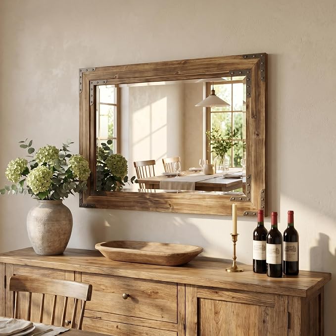 Rustic Brown 30x40 Inch Wood Bathroom Vanity Mirror, Rivets | Farmhouse style, deep weathered grain, larger vanities, mantels, dressers and entry consoles