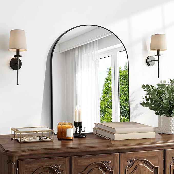 BONEWEI Arched Wall Mirror,24x30 inch Black Arched Mirror Bathroom,Vanity Mirror for Over Sink Metal Frame,Tempered Glass Arch Mirrors for Bedroom,Entryway,Living Room,Home Decor Shatter-Proof