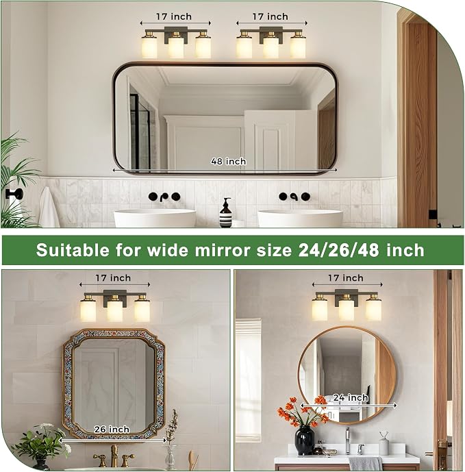 17 Inch Bathroom Light Fixtures, 3-Light Black and Gold Bathroom Lighting Fixtures Over Mirror with Milk Glass Shade, Vanity Lights for Living Room Bedroom