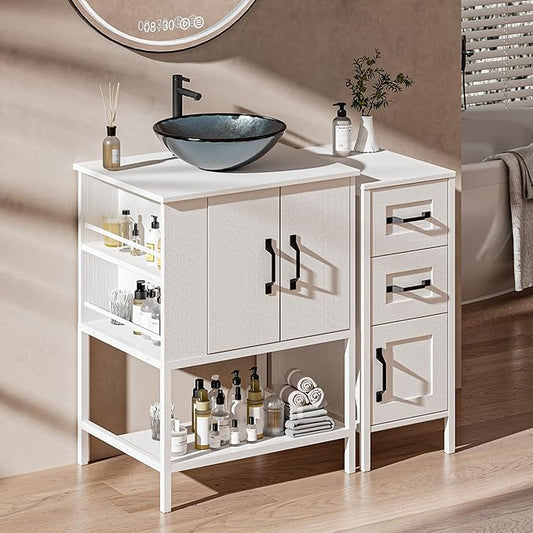 VNN Bathroom Vanity with Sink - 36 Inch Bathroom Vanity with Sink, Open Shelves and 3 Storage Drawers Side Cabinet, Modern Iron Wood Cabinet with Countertop Tempered Glass Vessel, White